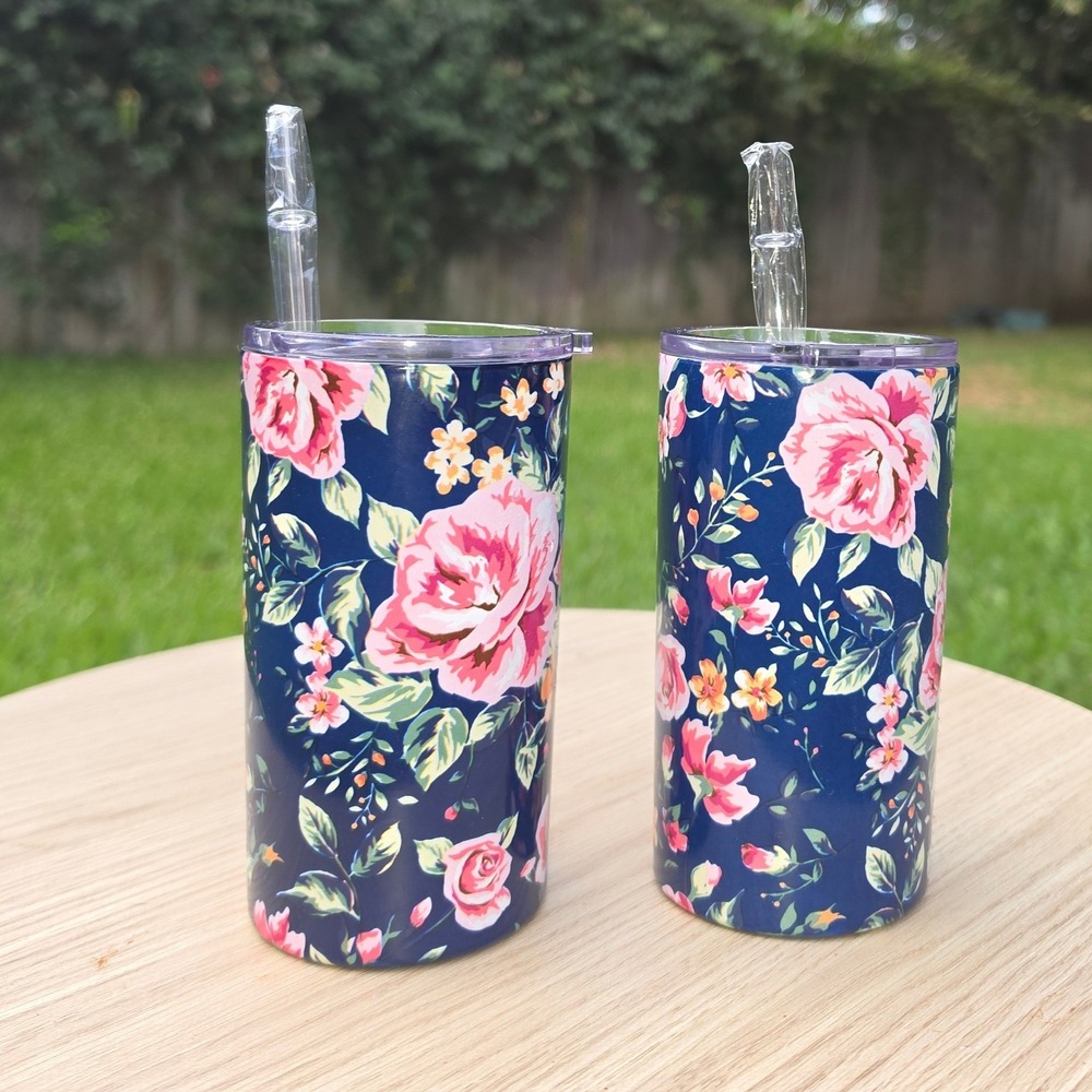 Set of 2 Navy Floral Stainless Steel Insulated Tumblers with Lids and Straws